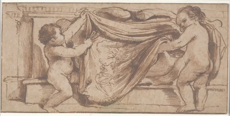 Two Putti Covering a Cartouche on a Pediment with a Tapestry Representing a Lute Player in a Landscape av Guercino