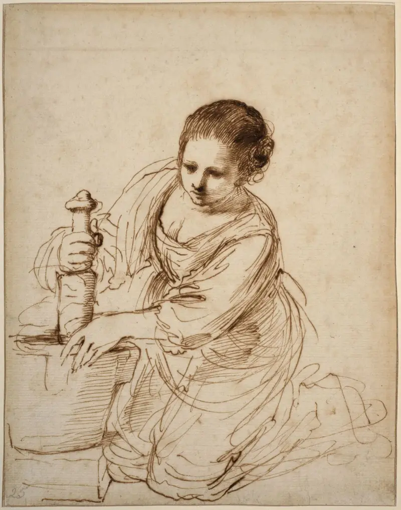 Kvinna på knä med mortelstöt och mortel av Guercino