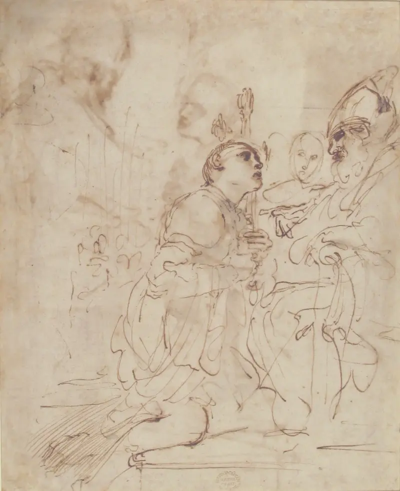 Ung man knäböjer inför en prelat av Guercino