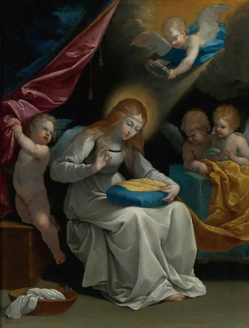 Jungfrun som syr, med fyra änglar (La Couseuse) av Guido Reni
