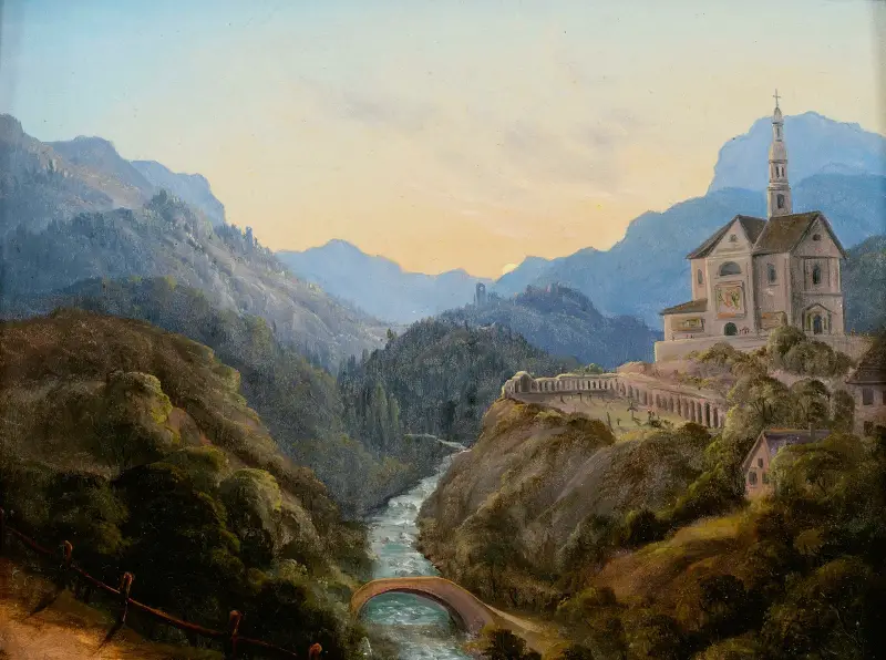 Bergslandskap med floddal och kloster i kvällsljus av Carl Gustav Carus