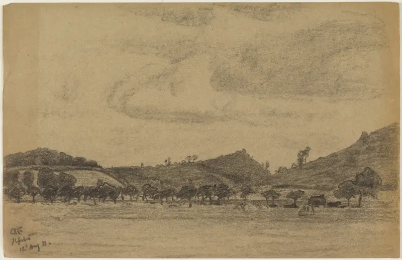 Hügelige Landschaft mit Baumreihe av Gustav Kampmann