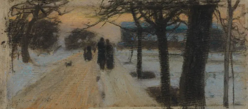 P romenerande på snötäckt väg om kvällen av Gustav Kampmann