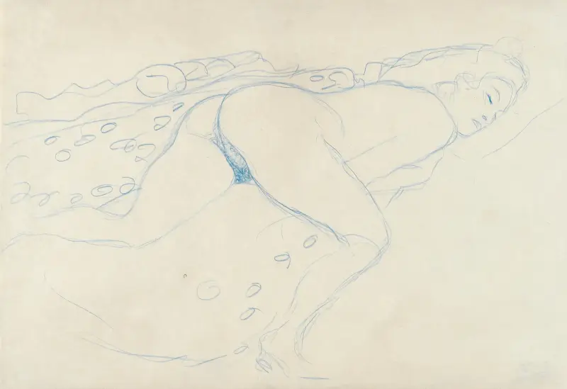 Auf dem Bauch liegender Akt nach rechts av Gustav Klimt