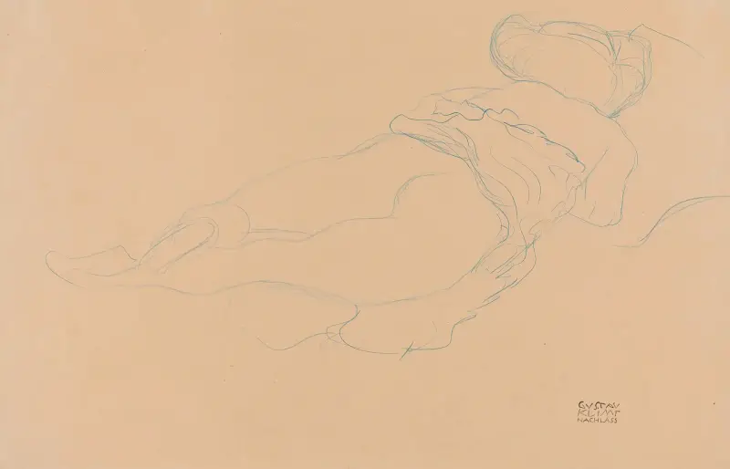 Auf dem Bauch liegender Halbakt nach rechts (Semi-Nude Lying on her Stomach turned to the Right), 1910 av Gustav Klimt