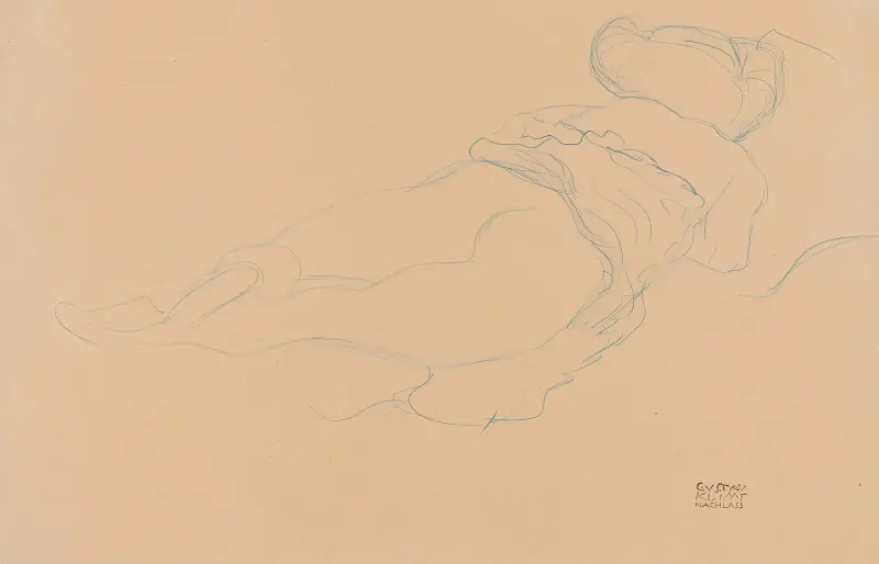 Auf dem Bauch liegender Halbakt nach rechts (Semi-nude Lying on her Stomach turned to the Right) – nr 1 av Gustav Klimt