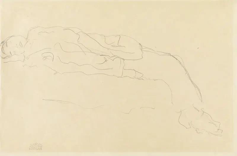 Auf einem Sofa liegende Frau av Gustav Klimt