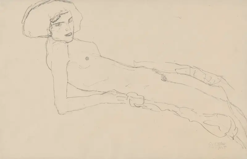 Aufgestützt liegender Akt av Gustav Klimt