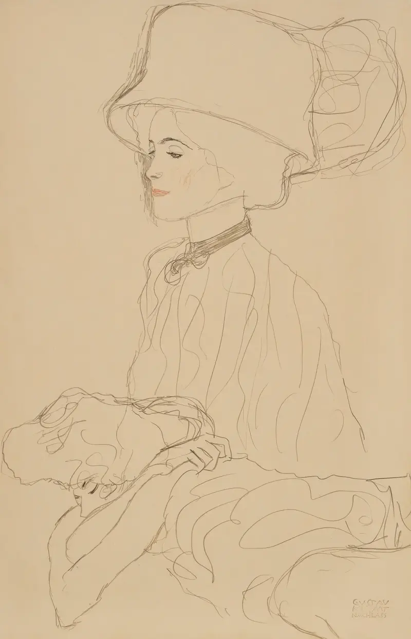 Bildnisskizze mit hohem Hut und liegende Frau av Gustav Klimt
