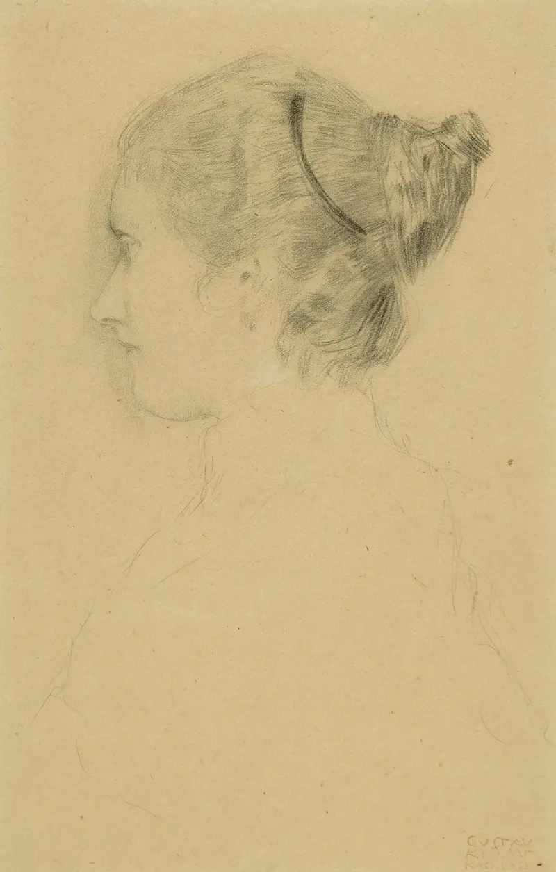 Brustbild eines Mädchens im Profil nach links av Gustav Klimt