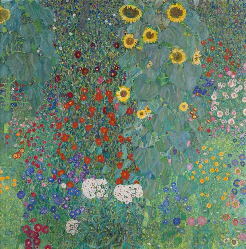 Cottage garden with sunflowers av Gustav Klimt