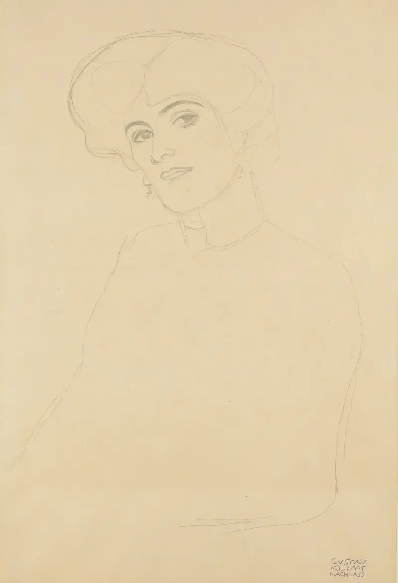 Damenbrustbild Im Dreiviertelprofil Nach Links (Bust Of A Woman In Three-Quarter Profile To The Left) av Gustav Klimt