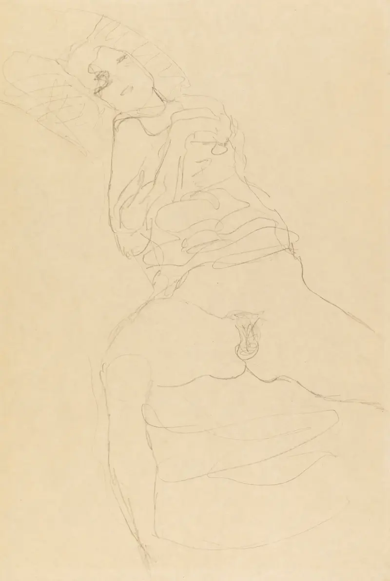 Halvakt framifrån, liggande åt vänster av Gustav Klimt
