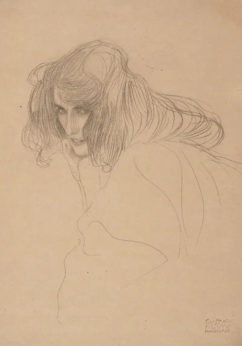 Kvinnohuvud i trekvartsprofil (studie till Beethovenfrisen) av Gustav Klimt