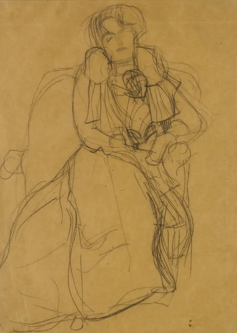 Im Lehnstuhl sitzend von vorne (Seated in an Armchair Seen Head-On) av Gustav Klimt