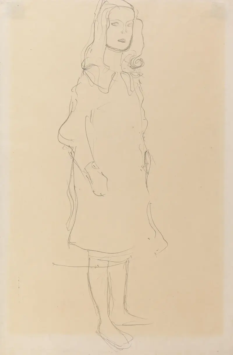 Mäda Primavesi, with coat, standing av Gustav Klimt