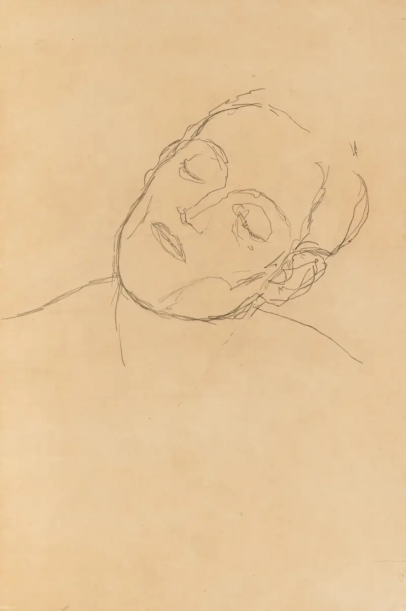 Male head turned to the right with closed eyes av Gustav Klimt