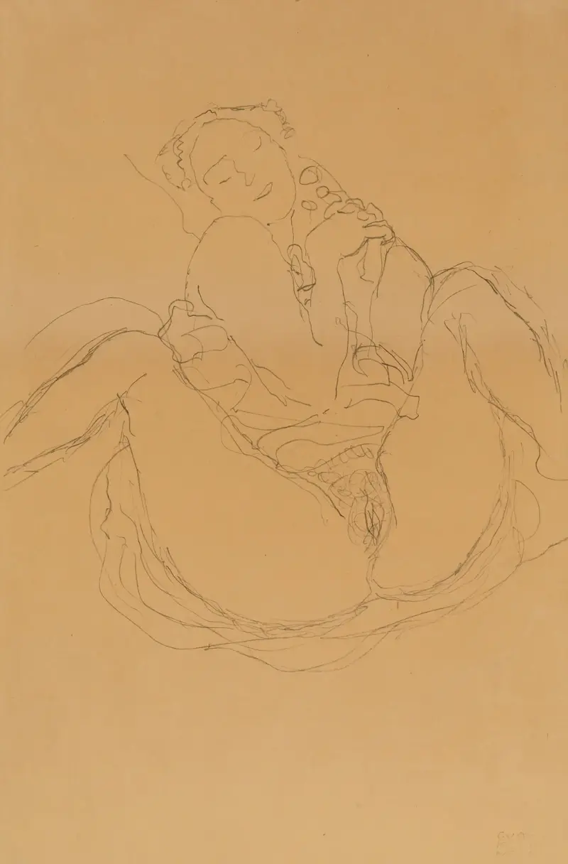 Mit verschränkten Händen sitzender Halbakt, 1914 – nr 1 av Gustav Klimt