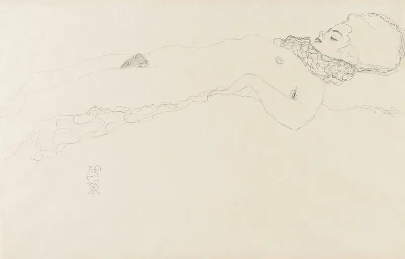Naked Girl with Ruff, lying av Gustav Klimt