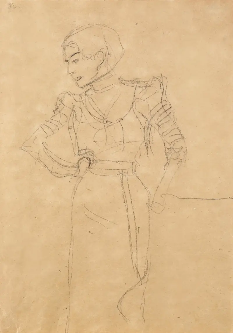Neben einem Lehnstuhl Stehende av Gustav Klimt