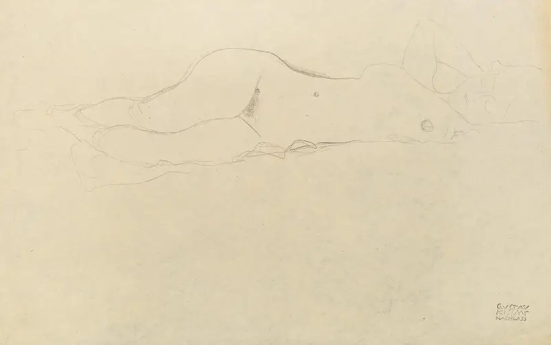 Reclining female nude with her hands behind her head av Gustav Klimt