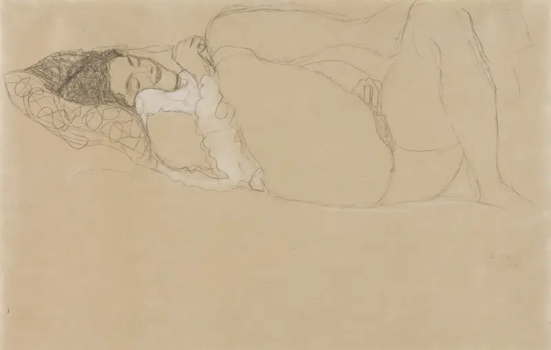 Reclining semi-nude facing left av Gustav Klimt
