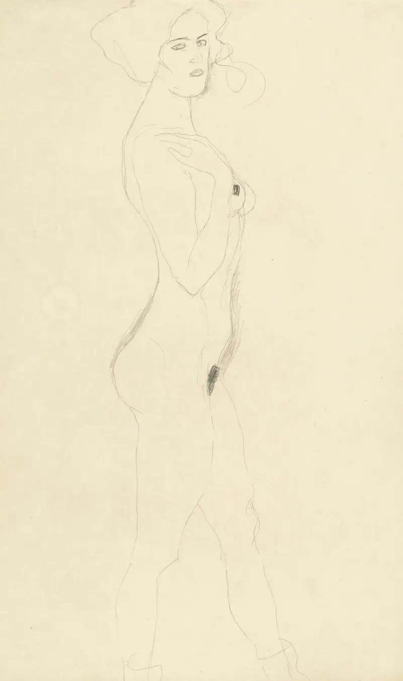 Schreitende nach rechts, die rechte Hand an der Schulter av Gustav Klimt