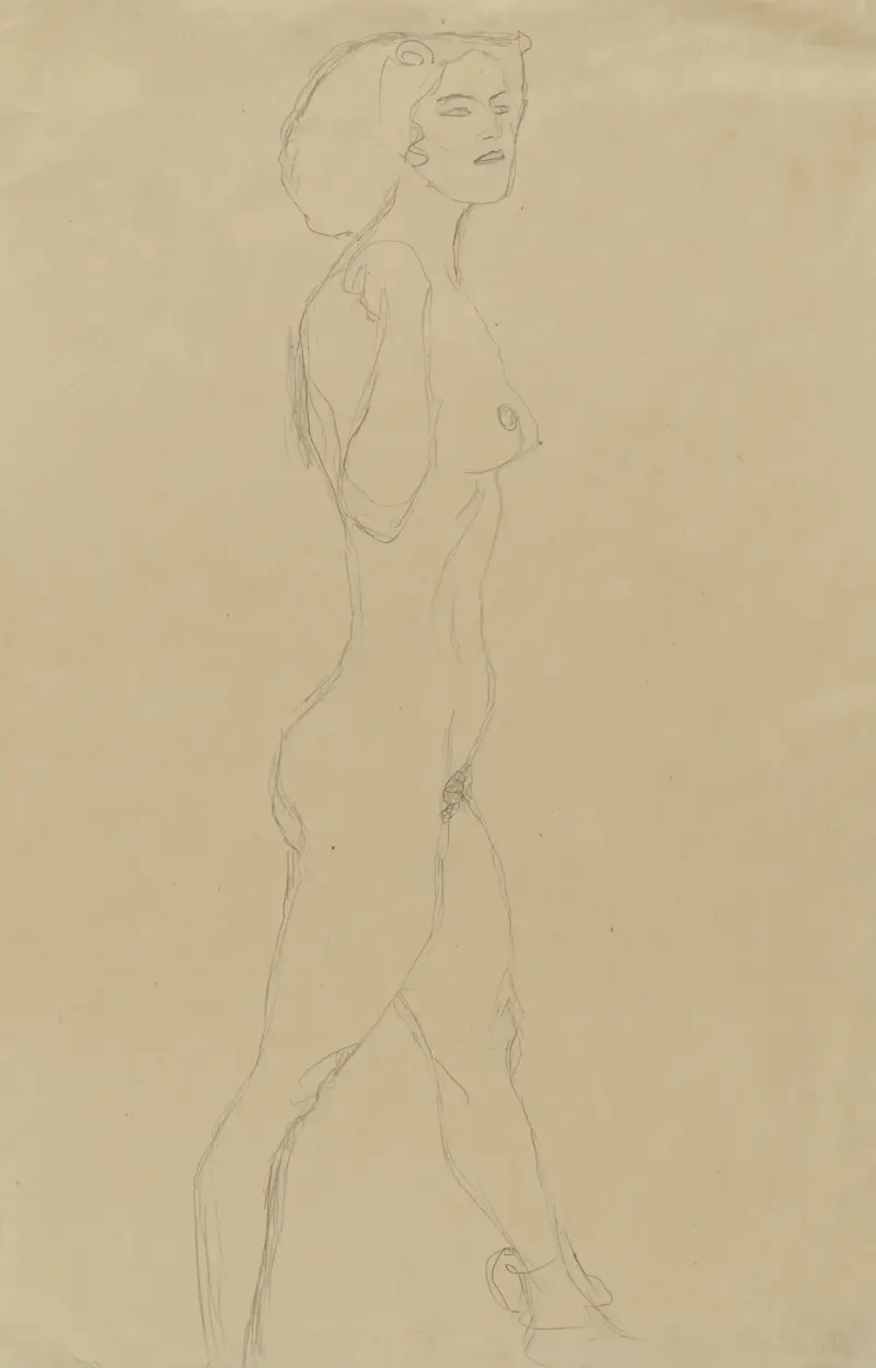 Schreitende (Die rechte Hand an der Schulter, das Gesicht im Dreiviertelprofil) von Gustav Klimt
