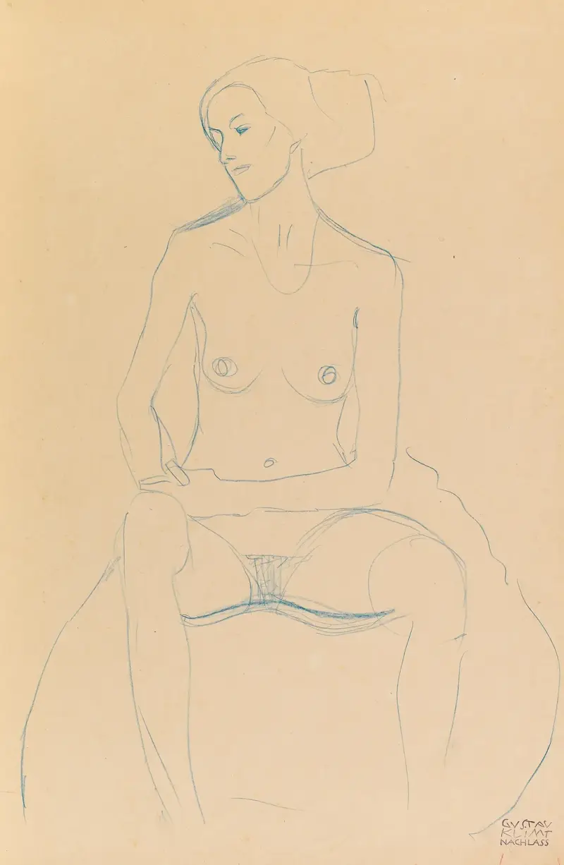 Seated nude girl, from the front, with tackled legs av Gustav Klimt