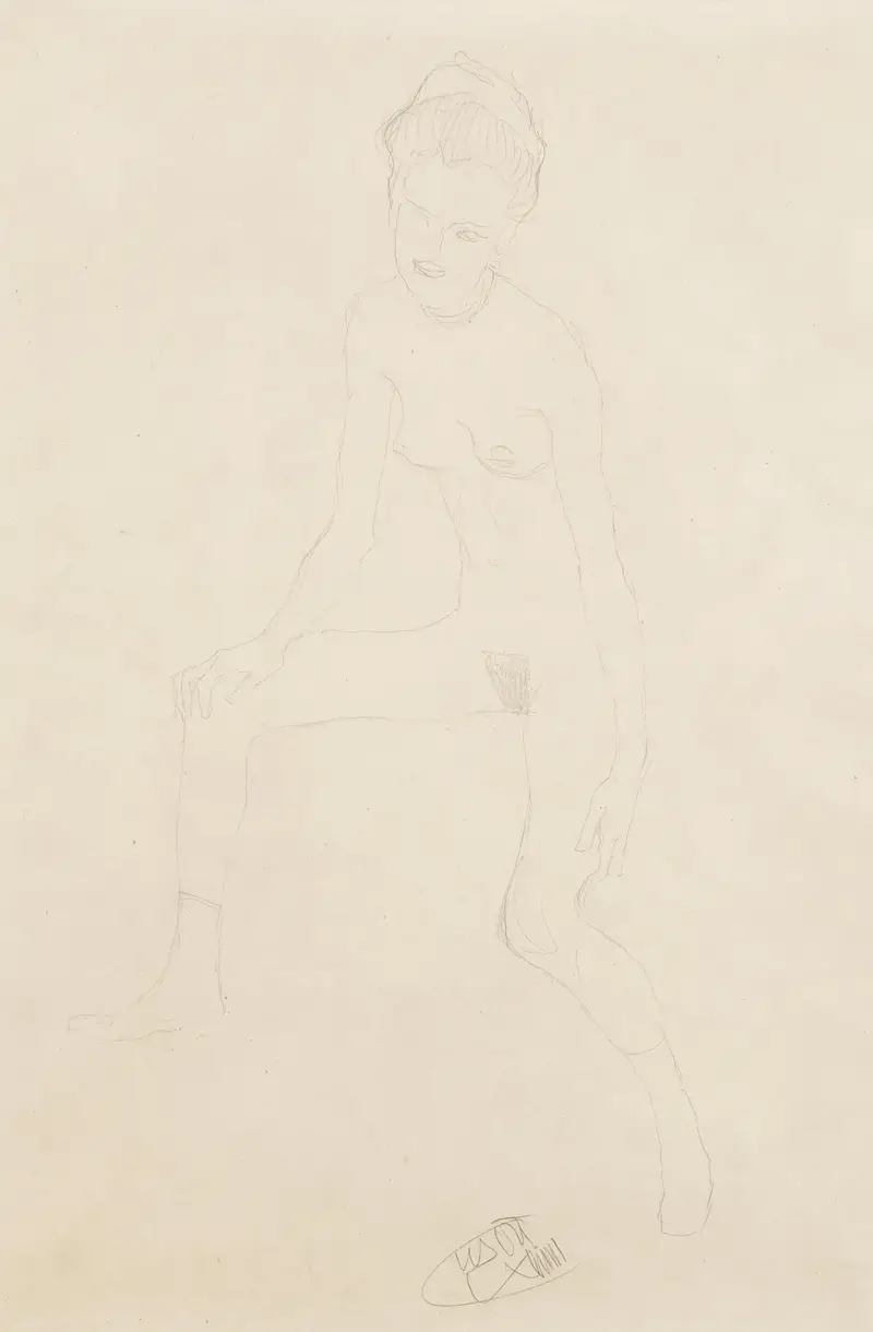 Sitting female nude av Gustav Klimt