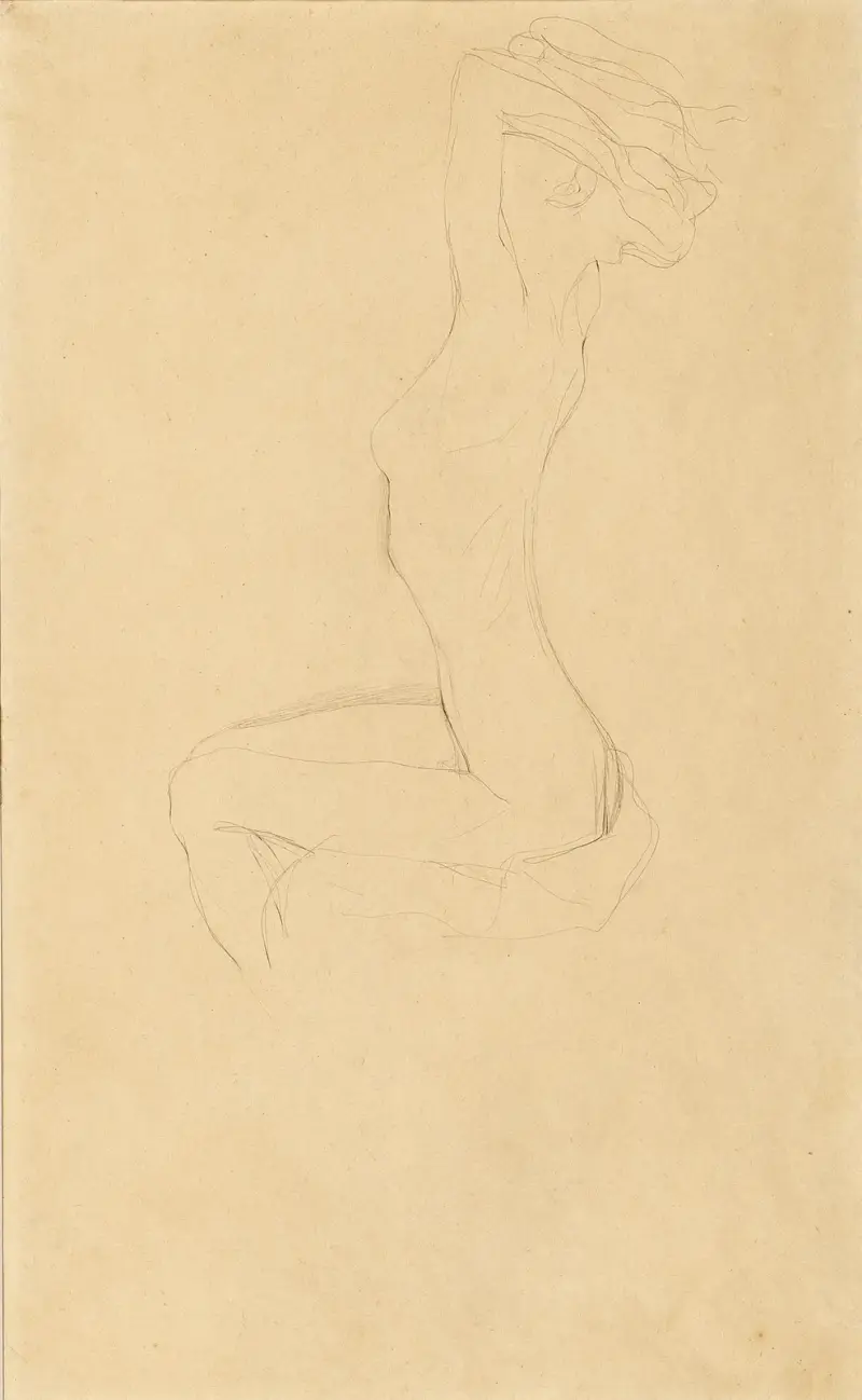Sitting Girl Nude with Raised Arms av Gustav Klimt