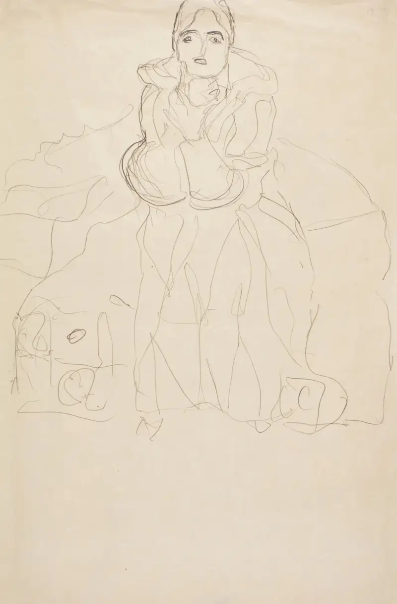 Sitzend von vorne, mit aufgestütztem Kinn (Seated Figure Head-On, Supporting her Chin) av Gustav Klimt