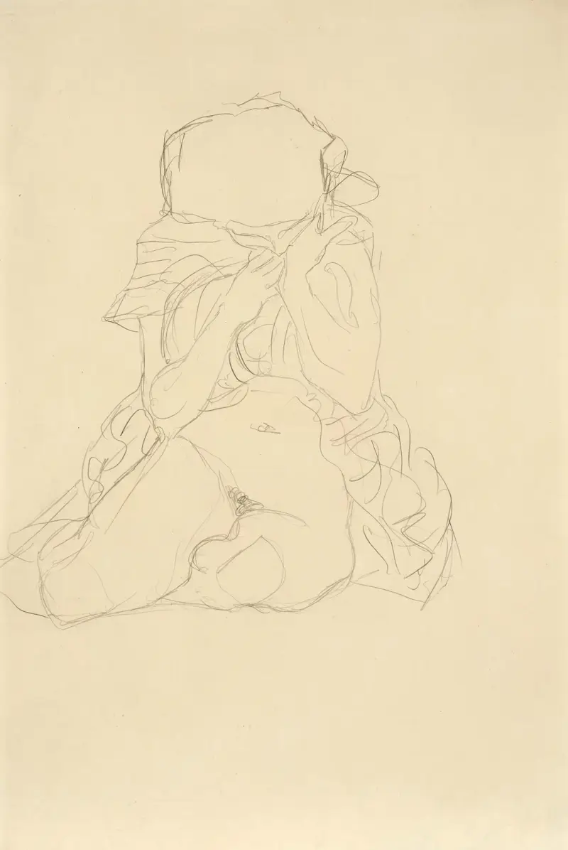 Sitzender Halbakt von vorne. Studie zu Tod und Leben (Semi-Nude seated. Study for Death and Life) av Gustav Klimt