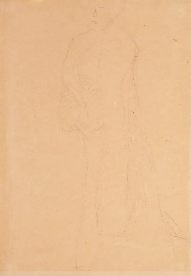 Standing figure to the left, the boa overlaps the left forearm av Gustav Klimt