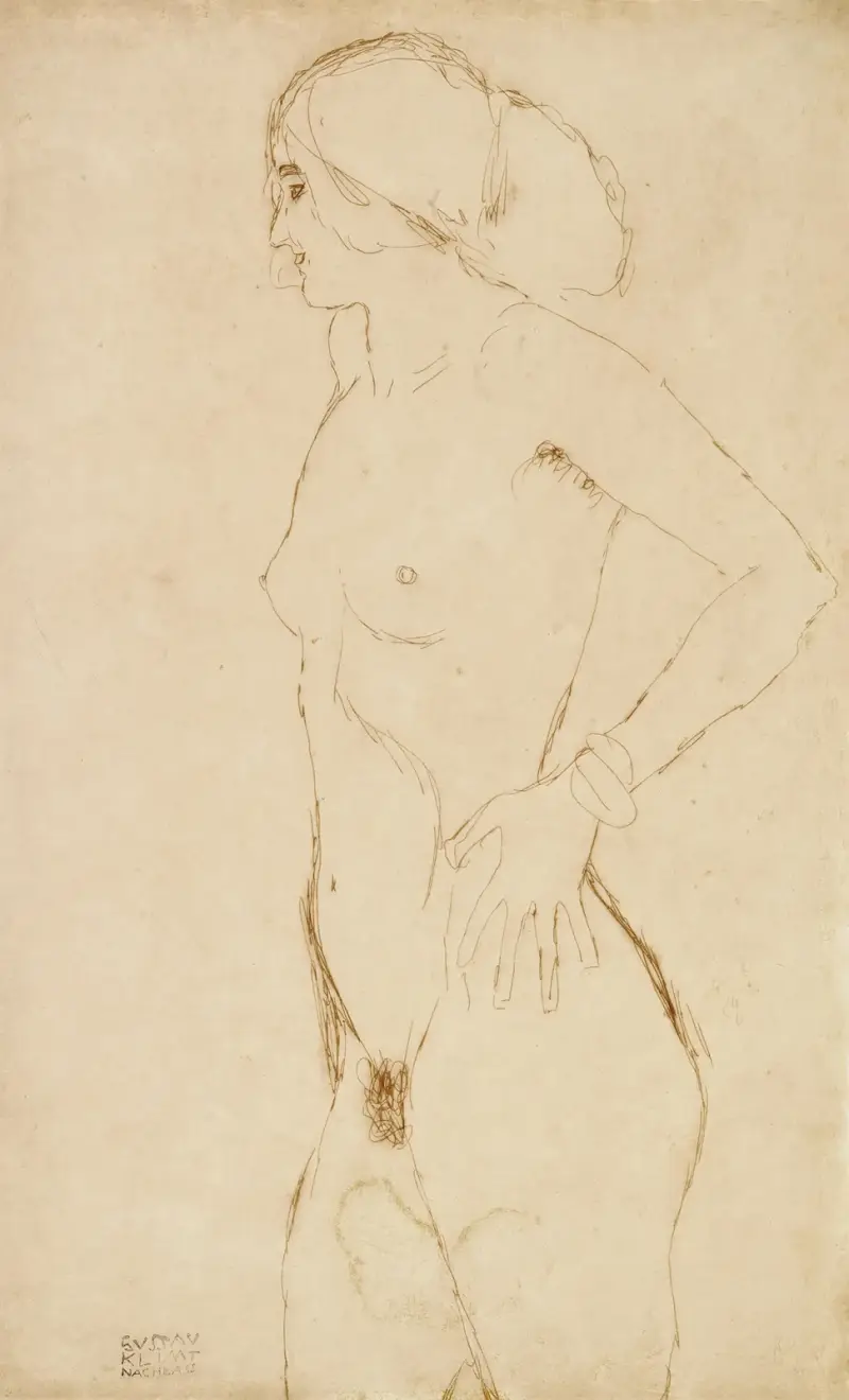 Standing nude girl, facing left av Gustav Klimt