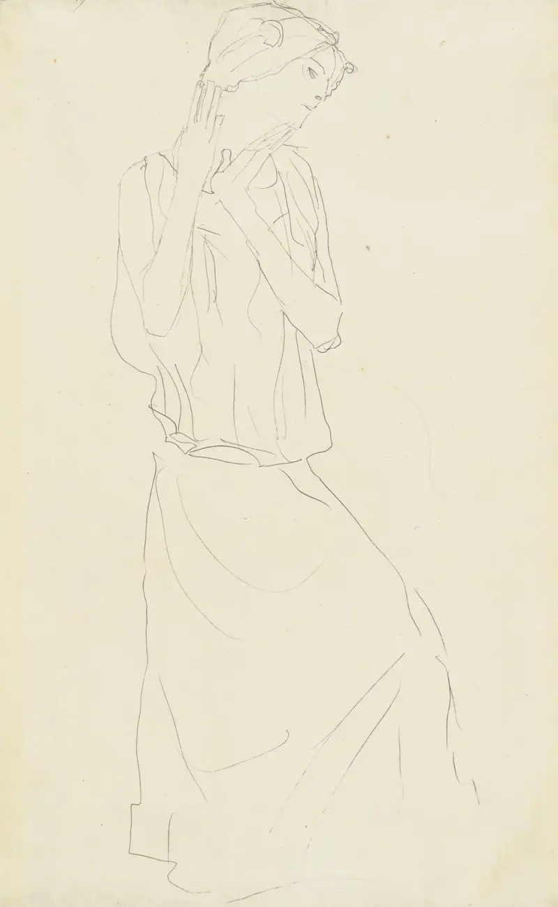 Stående med upplyfta underarmar mot höger (Studie för dansösen) av Gustav Klimt