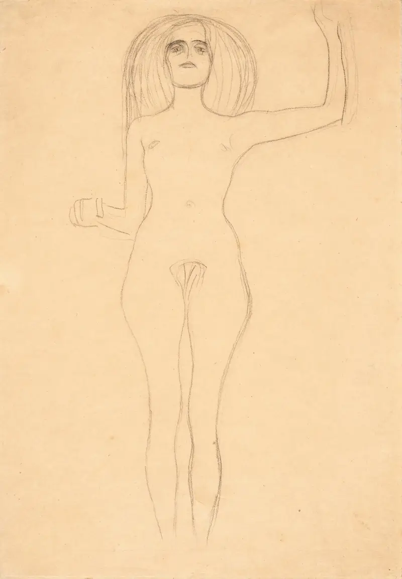 Stehender Akt von vorne mit erhobenem linken Arm (Standing nude with raised left arm) av Gustav Klimt
