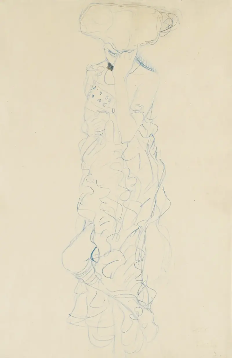 Stehender Halkbakt mit verdecktem Gesicht von vorne (Semi-Nude Woman Standing with Her Face Covered, Seen From the Front) av Gustav Klimt