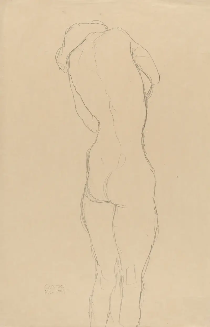 Stehender Rückenakt etwas nach rechts av Gustav Klimt