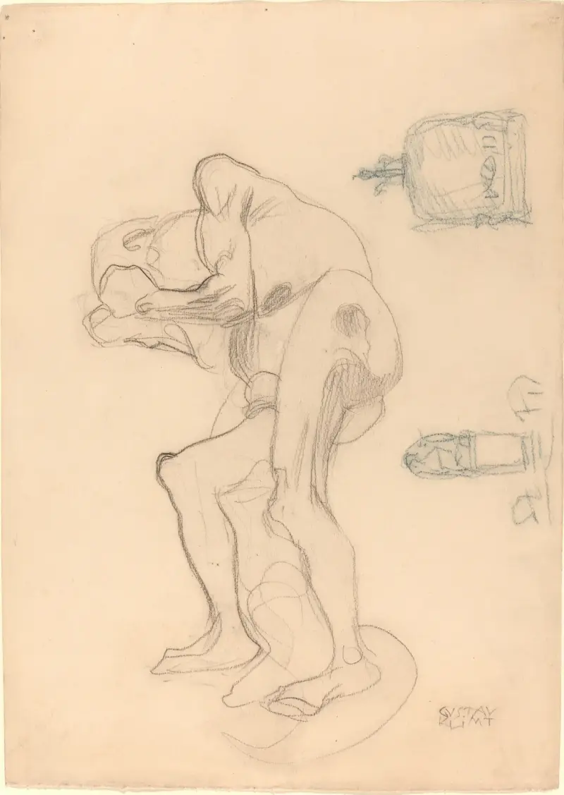 Study of a Nude Old Woman Clenching Her Fists, and Two Decorative Objects av Gustav Klimt