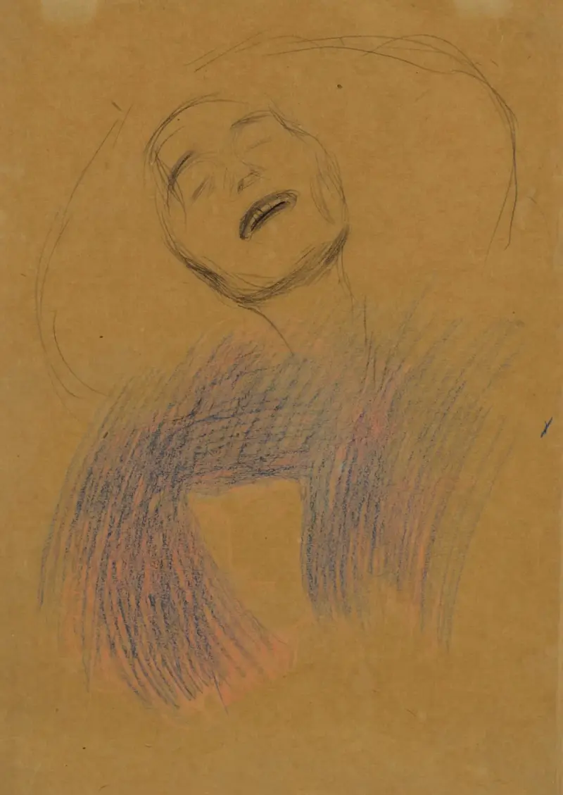 Weiblicher Kopf, Dekorative Lineare Strukturen (Female Head, Decorative Linear Structures) av Gustav Klimt