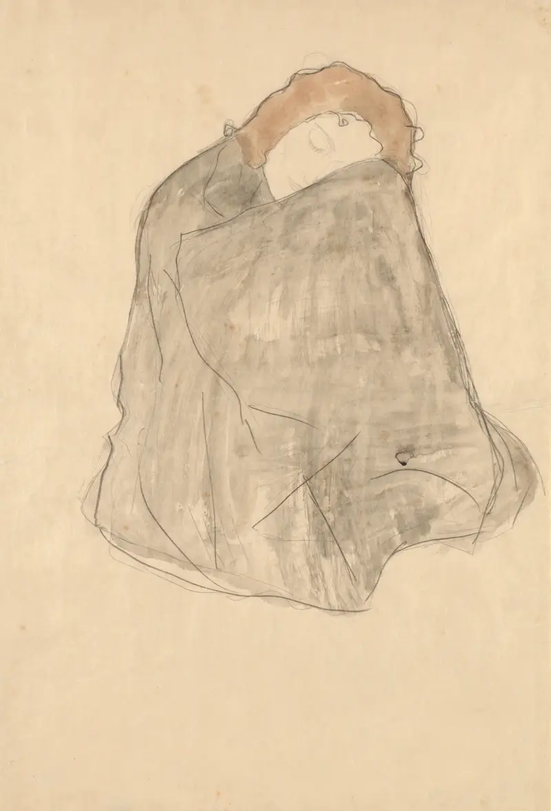 Zusammengekauert sitzende Frau, in dunklen Umhang gehüllt av Gustav Klimt