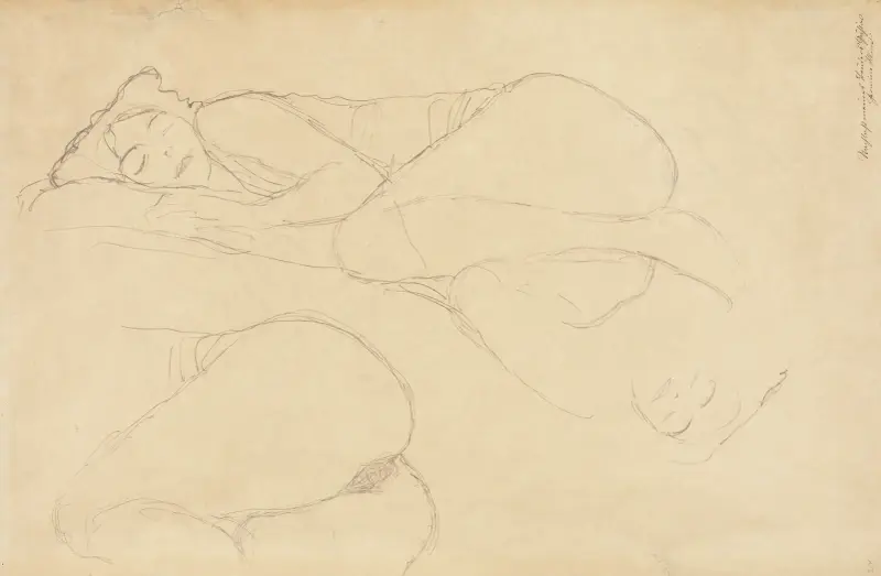 Zwei Studien einer Kauernden nach links, Kopfstudie av Gustav Klimt