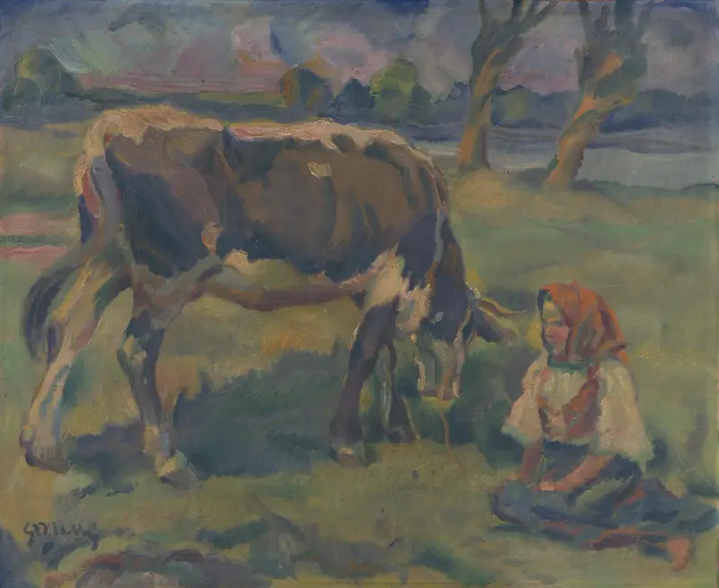 A Little Girl with a Cow av Gustáv Mallý