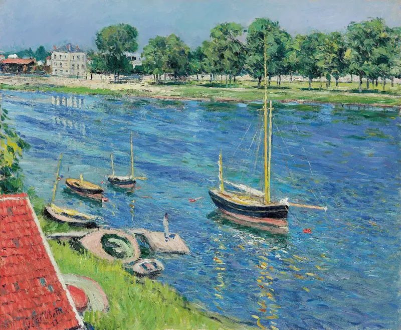La Seine à Argenteuil, bateaux au mouillage av Gustave Caillebotte