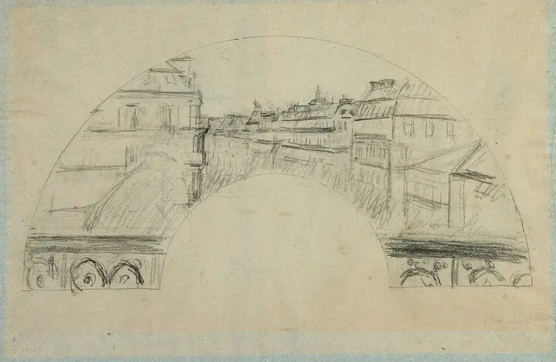 Paris, boulevard Haussmann; utsikt från en balkong, solfjädersprojekt av Gustave Caillebotte