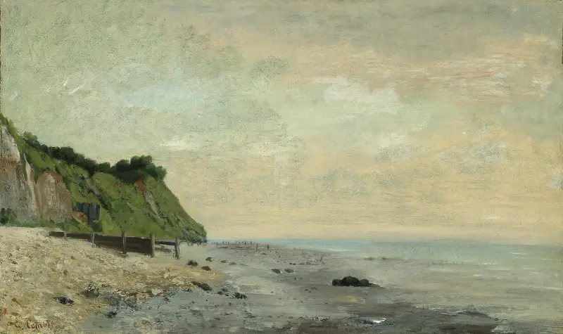 Cliffs on the Sea Coast; Small Beach, Sunrise (Falaise au bord de la mer, vu Petite Plage, soleil levant) av Gustave Courbet