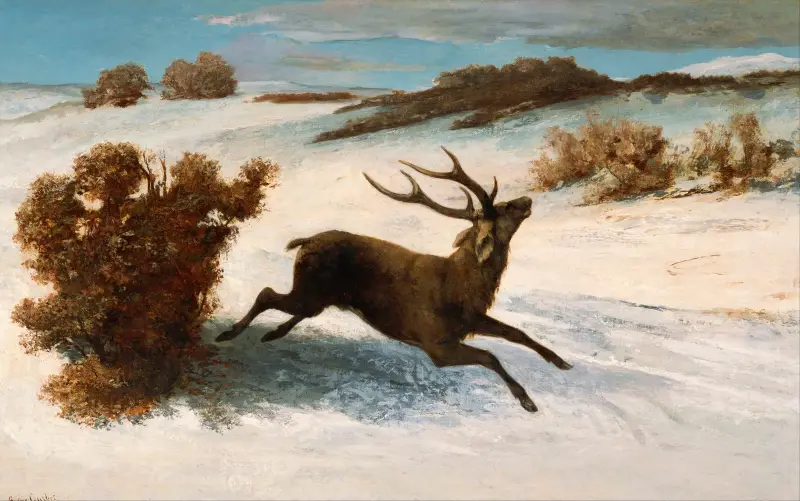 Hjort som springer i snön av Gustave Courbet