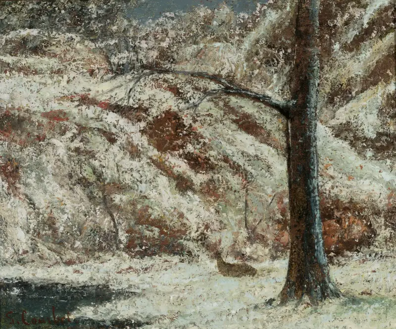 Fawn in the snow in the woods av Gustave Courbet
