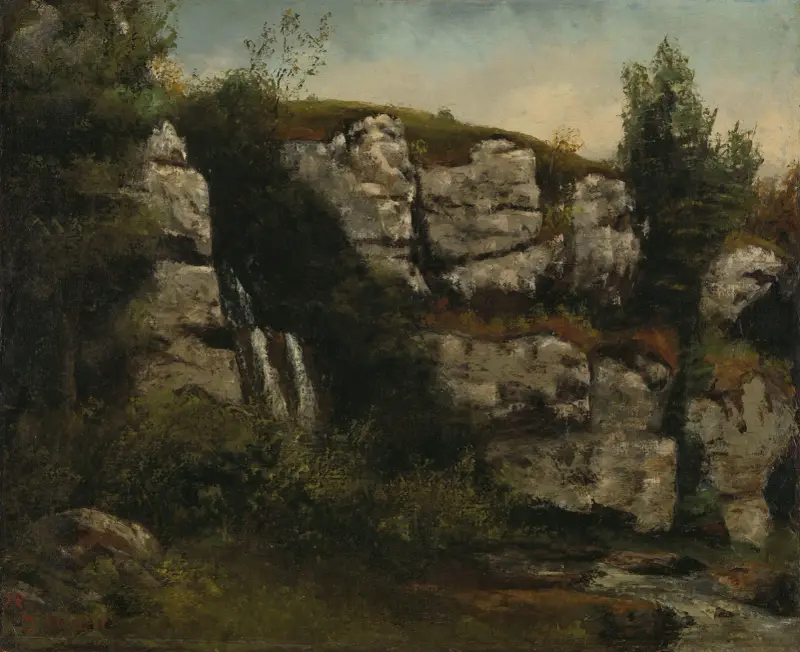Landscape with Rocky Cliffs and a Waterfall av Gustave Courbet